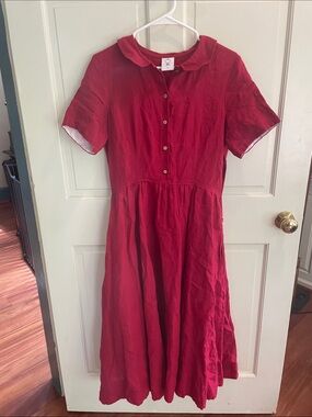 Son de Flor Red Short-Sleeve Button Front Midi Dress